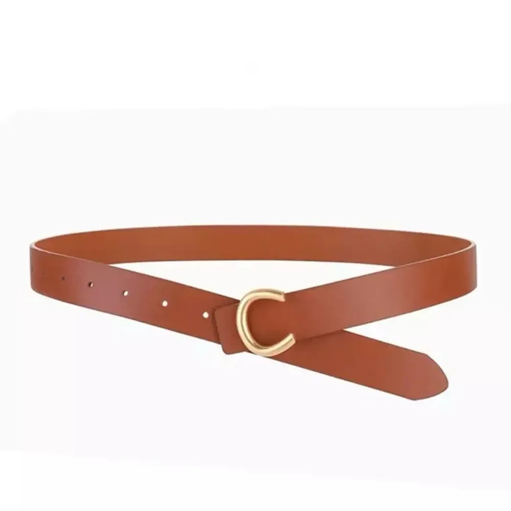 Camel Leather Gold C Buckle Belt
